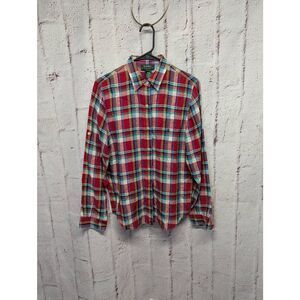 Ralph Lauren Button-Up Shirt Women Red Plaid 100% Linen Petite Medium PM Long Ro